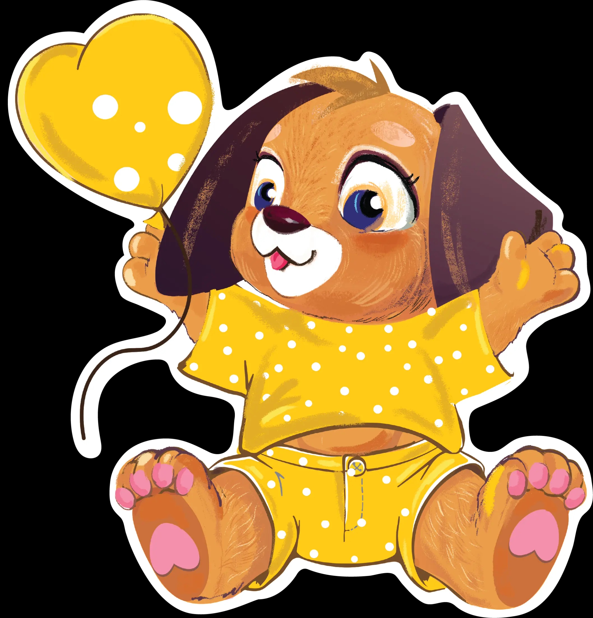 Catelul Alinan cu un balon in mana